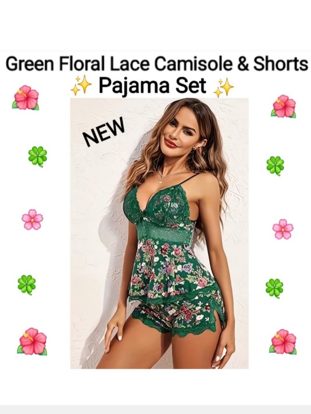 Brand New 🍀 Green Floral Lace Camisole & Shorts Pajama Set, Size XL